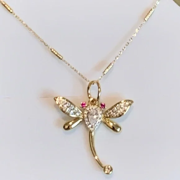 14 Gold Plated Dragonfly Pendant Necklace with zircons - Picture 2 of 5